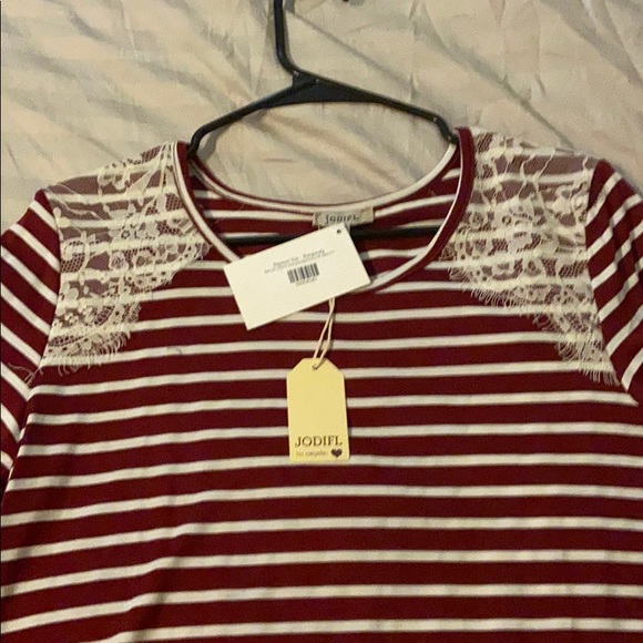 Red and white striped top with lace accent. - Picture 5 of 6